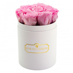 Zartrosafarbene Ewige Rosen in weißer Rosenbox Small